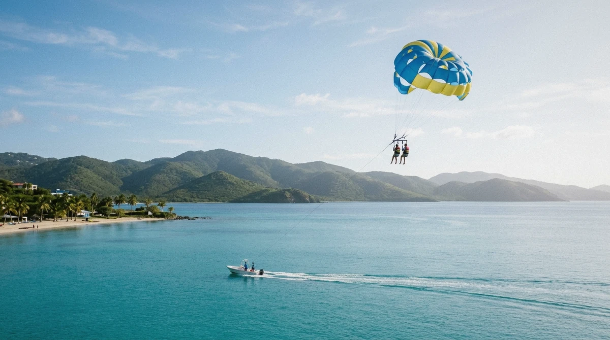 Calm turquoise water off Sapphire Beach on a still May morning, the best time for parasailing in St. Thomas
