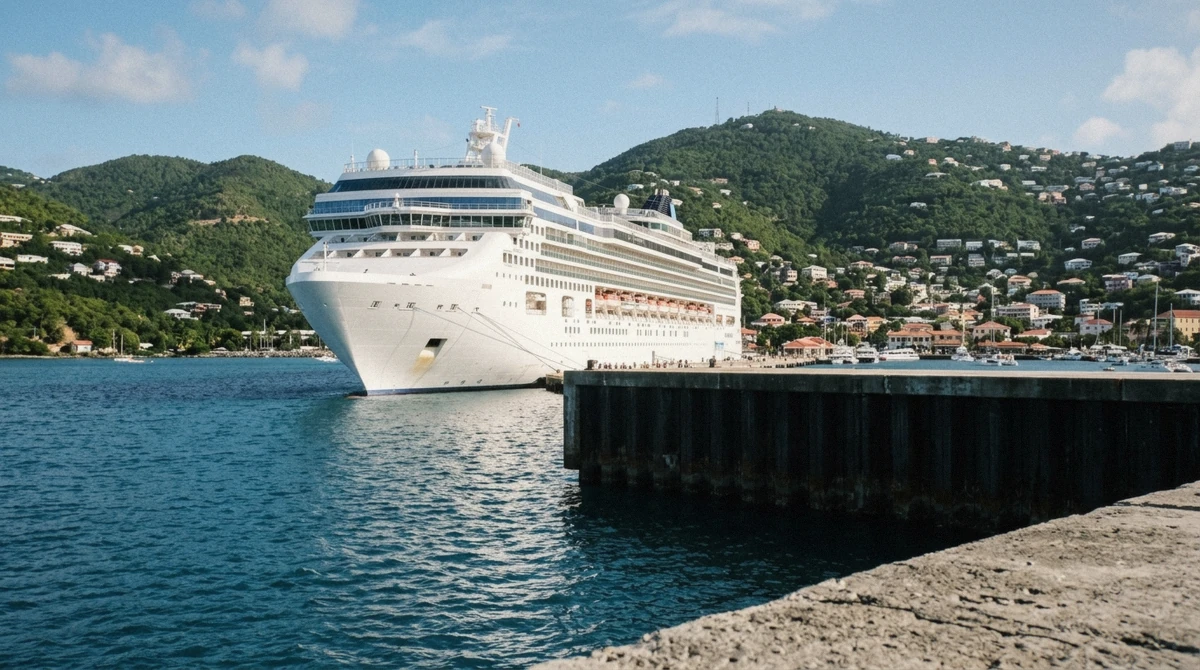 Cruise ship docked at Havensight in St. Thomas, the starting point for parasailing in St. Thomas on a cruise day
