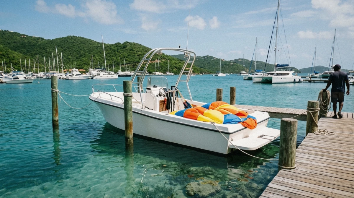 Parasail boat docked at Sapphire Beach Marina Slip N20, the departure point for parasailing in St. Thomas on a cruise day