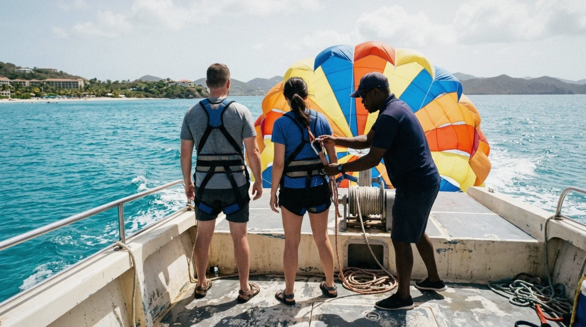 Crew clipping two riders' harnesses to the tow line before takeoff, the pre-flight check behind every safe St. Thomas parasailing flight